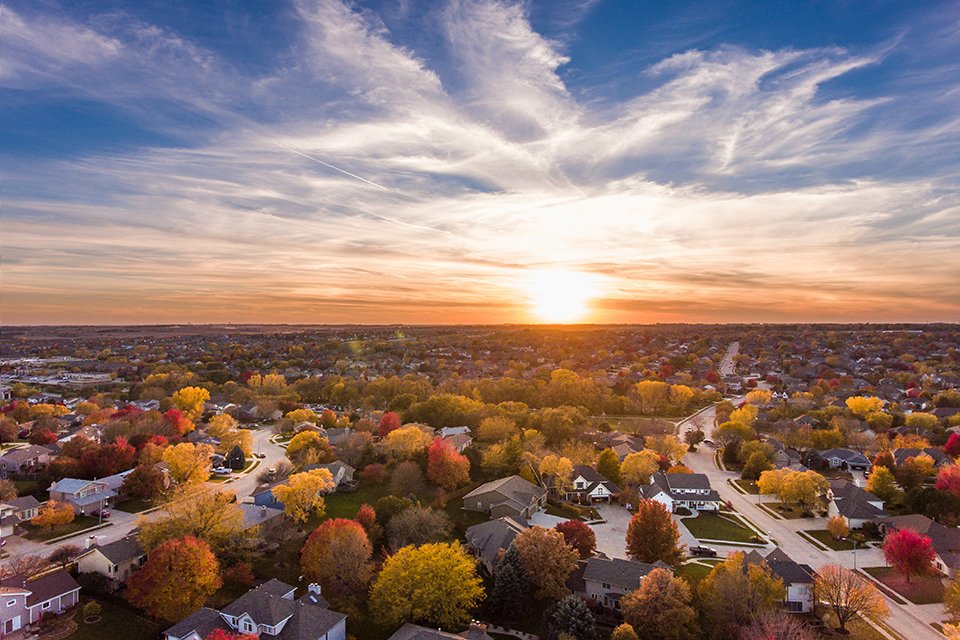 Sunset in the fall over the suburbs
